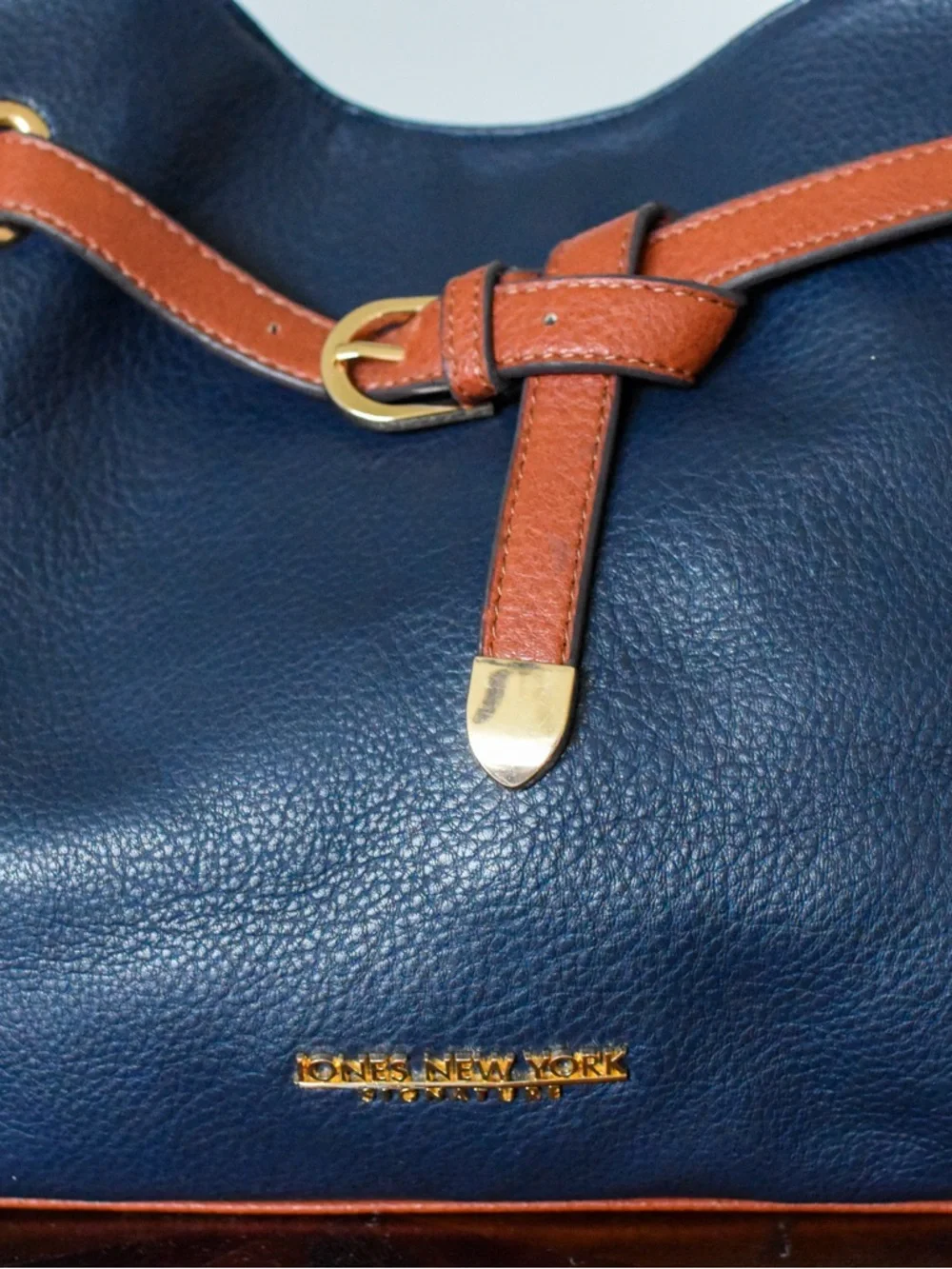 Jones New York Satchel in Cognac and Blue Top Handle w/Strap and Belted Detail - Picture 2 of 8